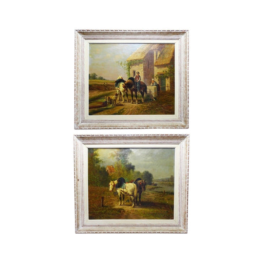 A pair of antique French paintings of horses