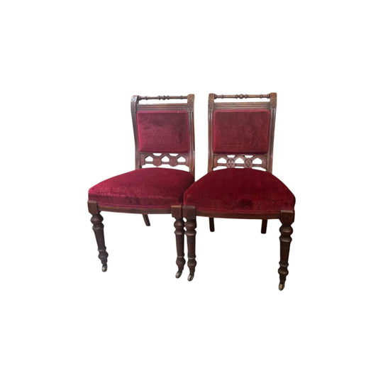 A pair of antique red velvet chairs refurbished seats perfect strong firm