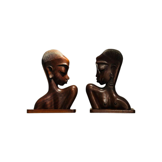 A Pair of Art Deco Carved Wood Busts, Woman & Man, Style of Hagenauer Werkstätten Vienna, Circa 1925-1930