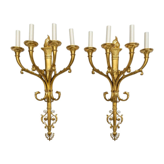 A pair of impressive heavy gauge four branch gilt bronze torchere wall sconces, French 19th Century | Bazaa | Designer, Vintage and Antique Furniture