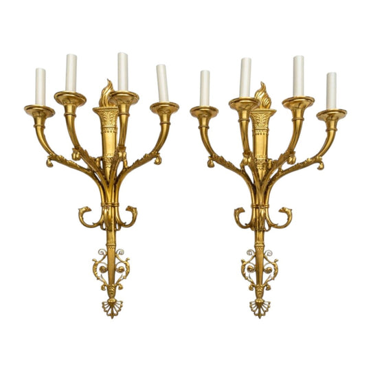 A pair of impressive heavy gauge four branch gilt bronze torchere wall sconces, French 19th Century