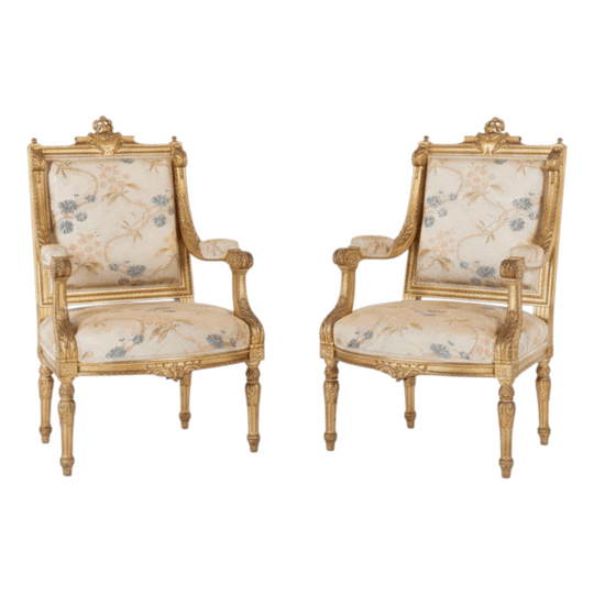 A Pair of Louis XVI Style Giltwood Fauteuils, French, Late 19th Century (2 Pairs Available)