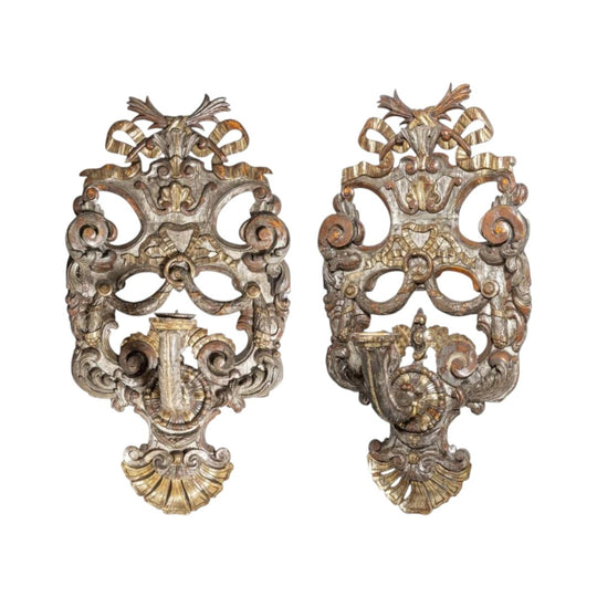 Pair of Oversized Italian 18th Century Carved Silvered and Giltwood Wall Torcheres