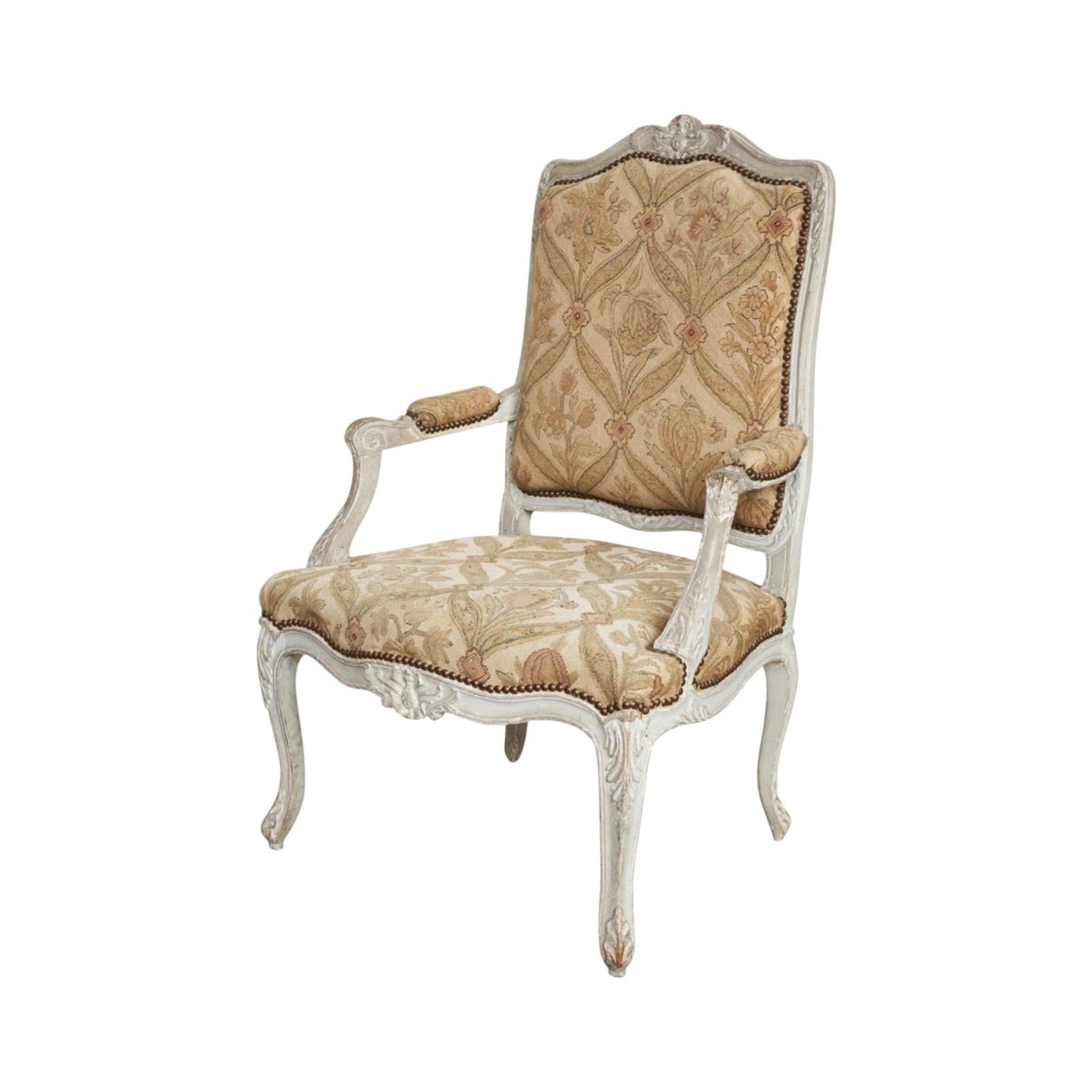 A pale grey painted fauteuil with original floral needlework upholstery French Circa 1900 | Bazaa | Designer, Vintage and Antique Furniture