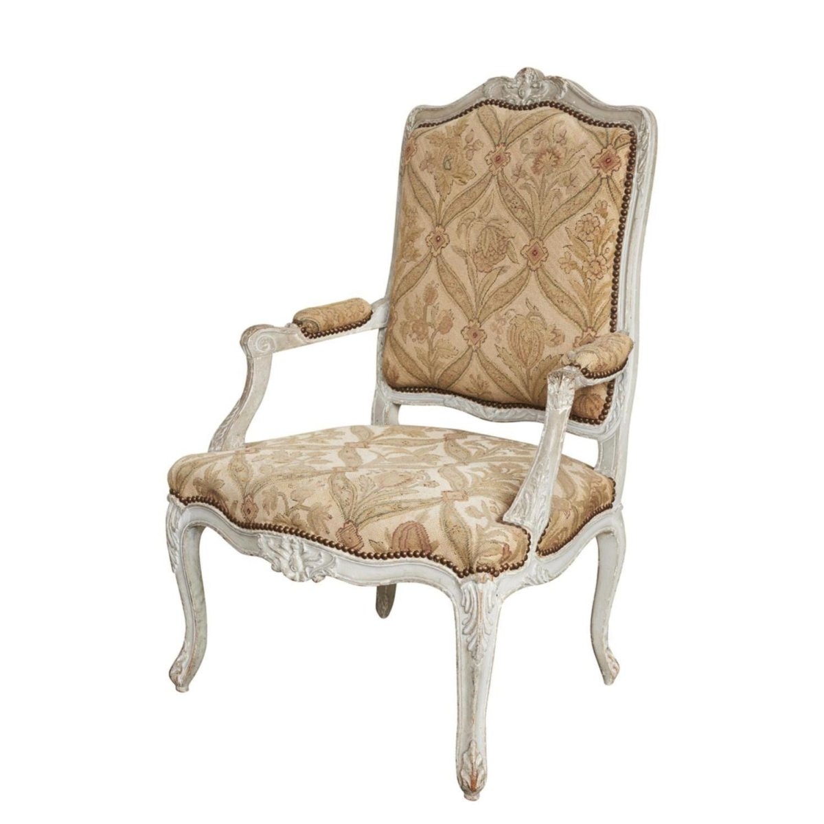 A pale grey painted fauteuil with original floral needlework upholstery French Circa 1900 | Bazaa | Designer, Vintage and Antique Furniture