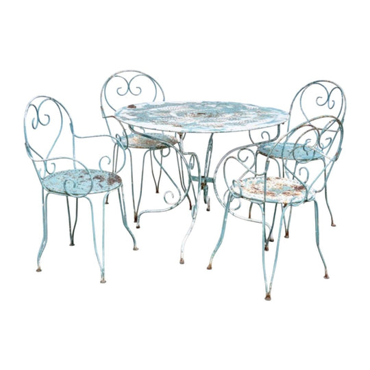 A pretty powder blue painted metal outdoor setting of four chairs and a table French Circa 1950