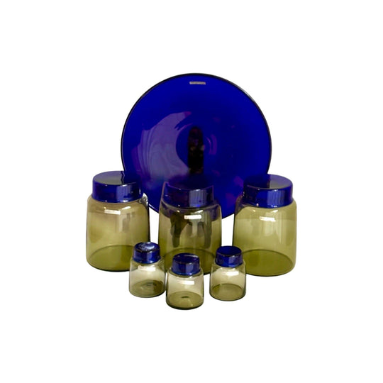 A Rare Set of Smoked Glass Jars with Blue Covers and Matching Glass Bowl by Willy Johansson (1921-1993) for Hadeland Glassverk