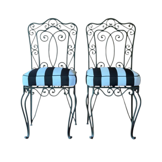 Pair of Vintage Wrought Iron Garden Chairs with Outdoor Striped Cushions