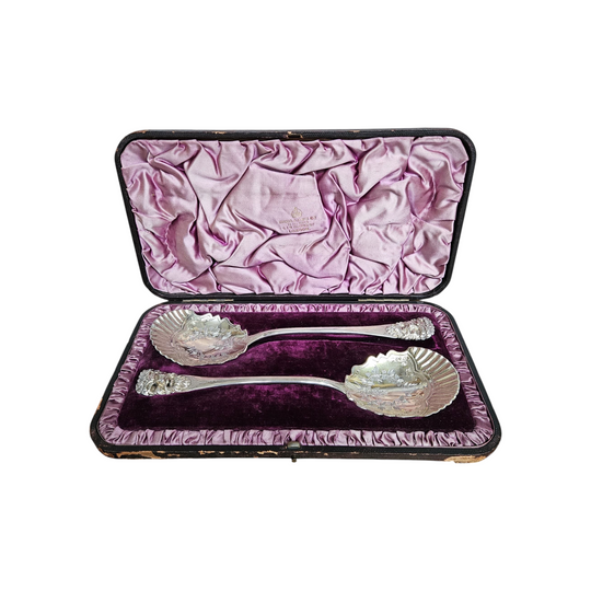 Superior Pair of Solid Silver Georgian Berry Serving Spoons in Case