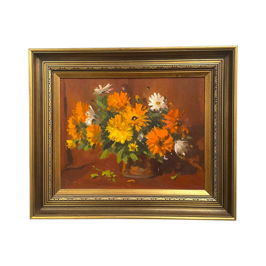 Beautiful Framed Mid Century Daisies Floral Painting