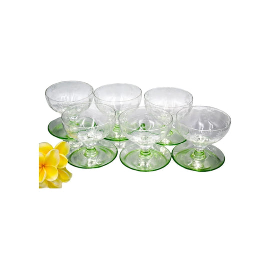 Absolutely Stunning Vintage Uranium Flower Etched Dessert Bowls. Set of 6