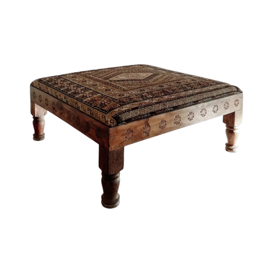 Afghan Textile Ottoman with Carved Teak Frame