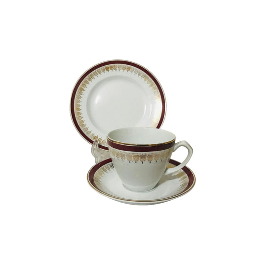 Alfred Meakin Trio Set / Go-white Ironstone Chintz pattern Trios with burgundy and gold patterned trim