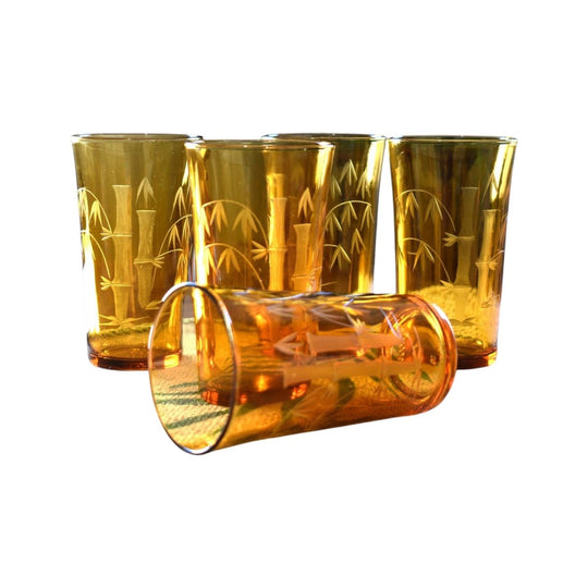 Amber tumblers with etch bamboo design. Set of 5