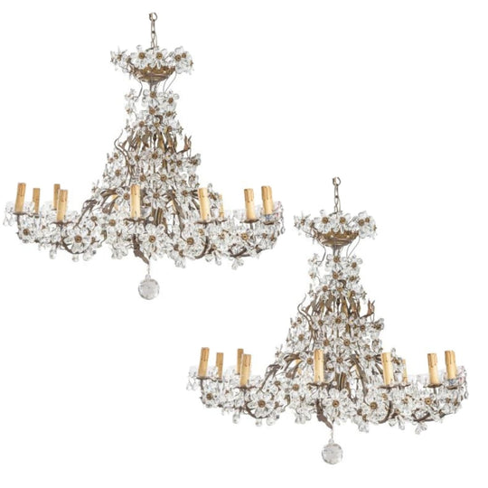 An exceptional pair of bronzed metal and crystal flowerhead chandeliers, French Circa 1940