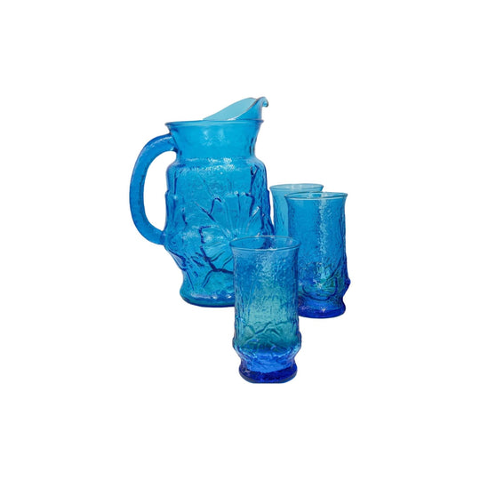 Anchor Hocking Rainflower Blue Pitcher And Glasses