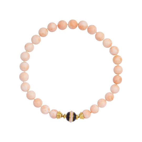 Angel-skin Coral Strand With Onyx & 18kt Gold Clasp
