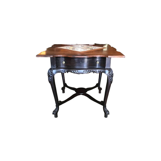 Anglo-Indian Teak Chess table with inlaid alabaster board, twin drawers, c. 1895