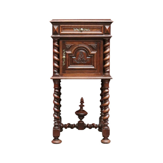 Anrique French Walnut Bedside Table with Marble and Barley twist legs B13018