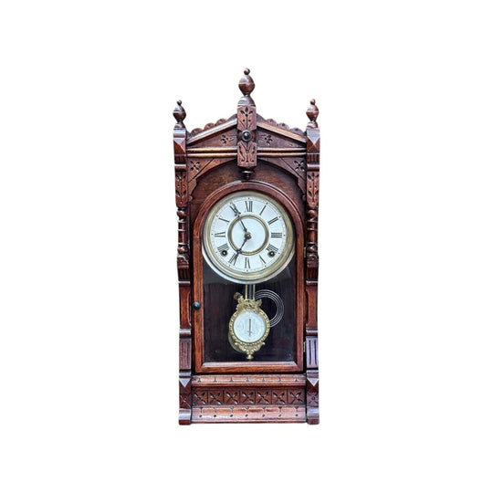 Ansonia carved walnut mantle clock c.1900