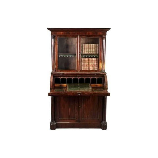 Antique 19th century English William IV period (1830-1837) Rosewood Book Case with Cylinder Secretaire Desk