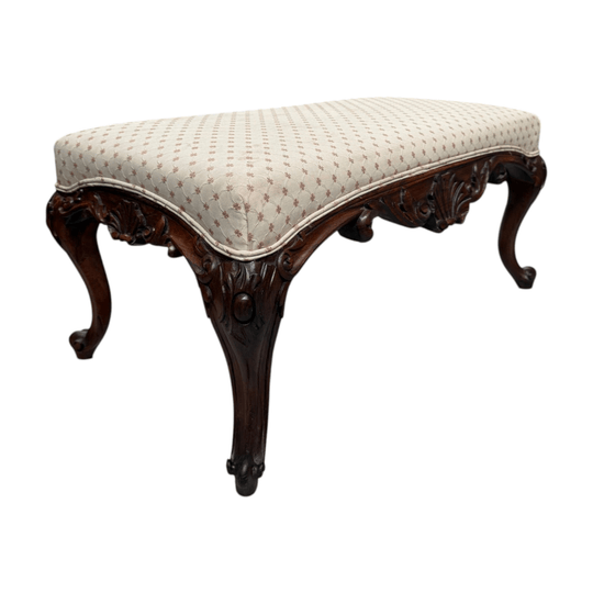 Antique 19th Century French Carved Walnut & Upholstered Stool