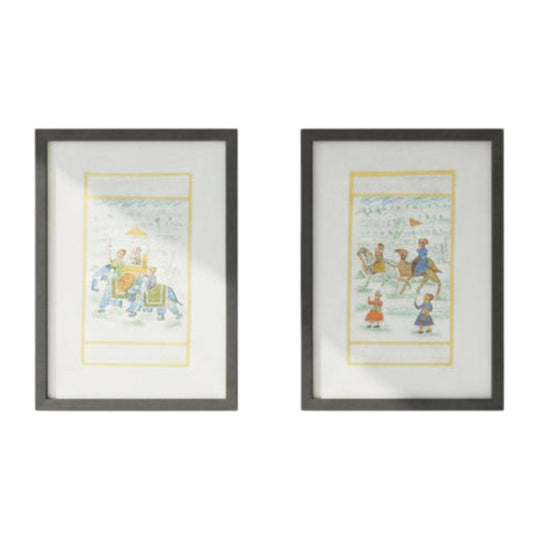 Antique Anglo Indian Framed Watercolors of Elephants with Riders