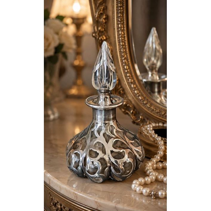 Antique Art Nouveau Hand-Blown 8‑Lobed Glass Perfume Bottle with Sterling Silver Overlay, Alvin Corporation, c.1895 | Bazaa | Designer, Vintage and Antique Furniture
