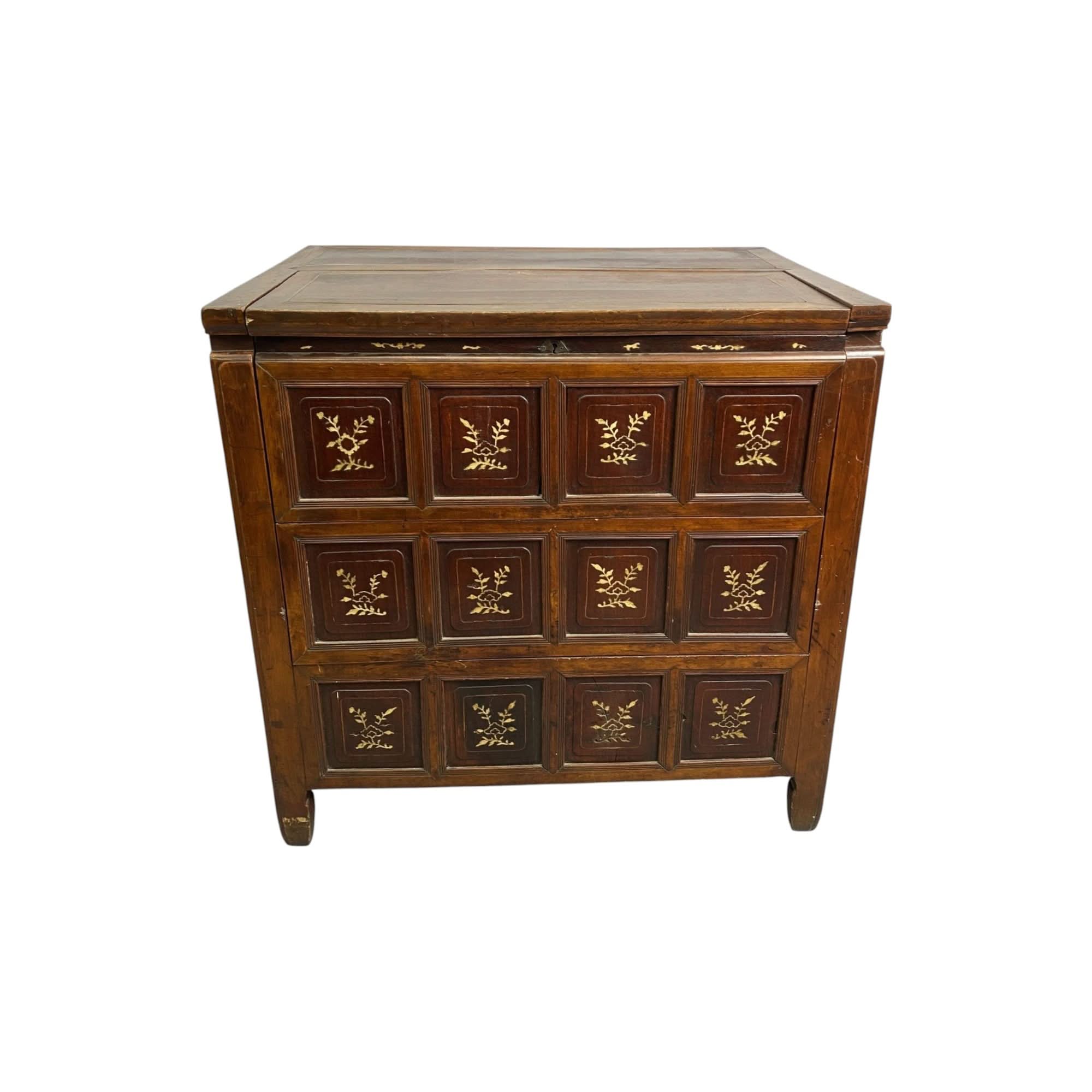 Antique Asian Dowry Storage Chest with Floral Bone Inlay | Bazaa | Designer, Vintage and Antique Furniture