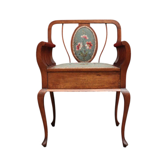 Antique Australian maple high-back Piano Stool music seat with tapestry upholstery. B12637