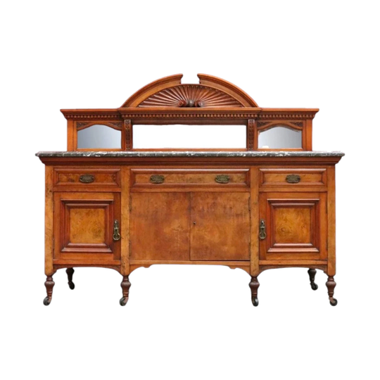 Antique Australian Walnut Marble Top Sideboard with Mirrored Carved Back