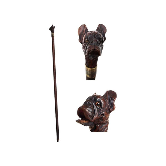 Antique automaton carved Bulldog Dog Head walking stick