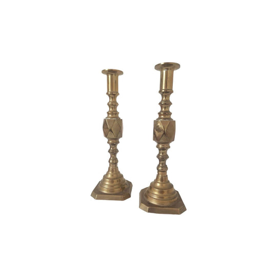 Antique Brass Diamond Candlestick Pair