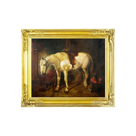 Antique British oil painting farmyard horse