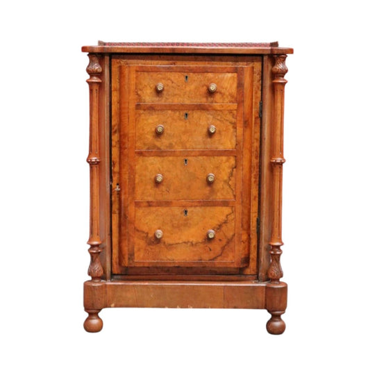 Antique Burr Walnut Hall Cabinet Faux Drawers Columns Bun Feet. B12974