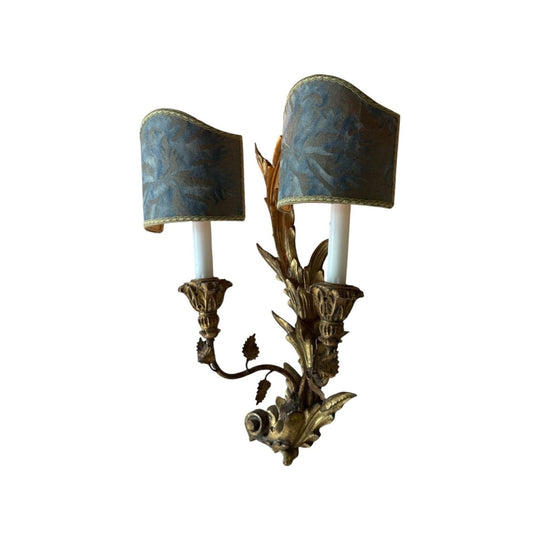 Antique Carved Giltwood Twin Arm Wall Candelabra with Light Blue Clip On Shades