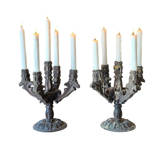 Antique Carved Timber Five-Arm Candlesticks