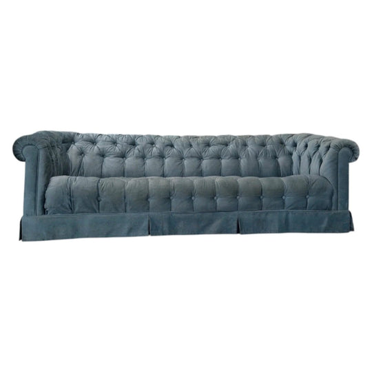 Antique Chesterfield Sofa in Blue Crushed Velvet with Serpentine Front