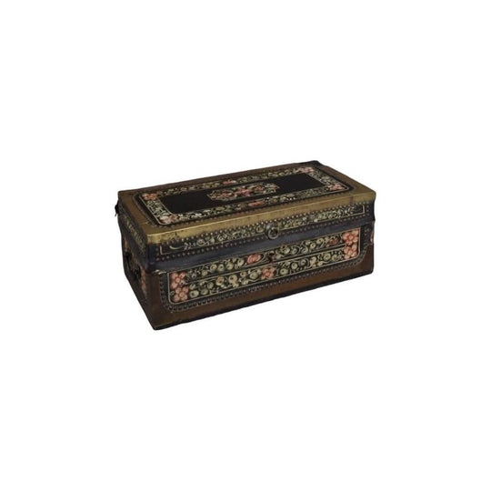 Antique Chinese 19th Century  Leather and Brass Painted 'exportware' Box