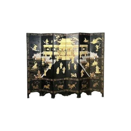 Antique / Vintage Chinese 6 panel Ebonised and Gilt Screen / Room Divider.