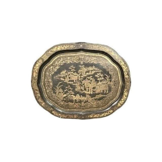 Antique Chinese black lacquer tray with gilt scene.