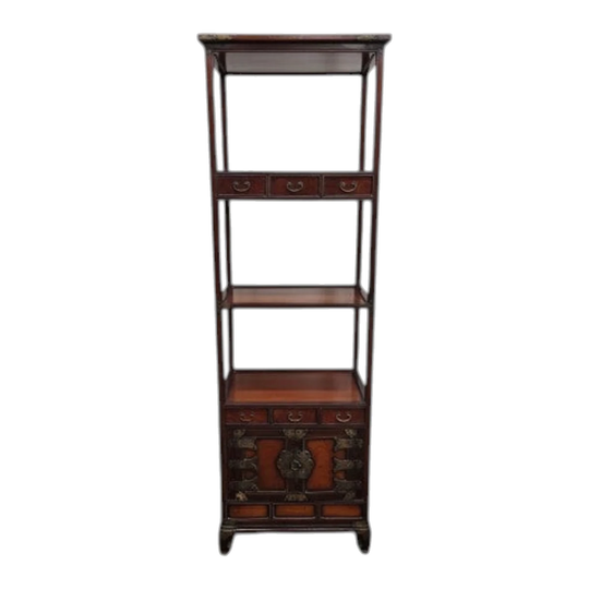 Antique Chinese Elm Shelf Stand with Bronze Handles