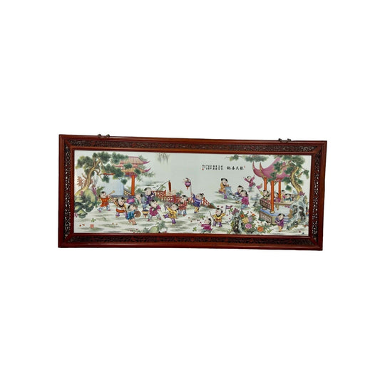Antique Chinese famille rose porcelain large wall plaque 21 boys C1900's CHINA