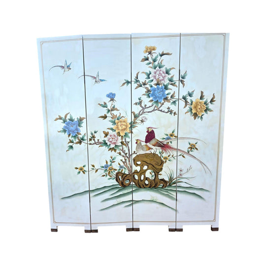 Antique Chinese Lacquer Four Panel Room Divider/Screen with Birds/Flowers/Scholars Rock Scene