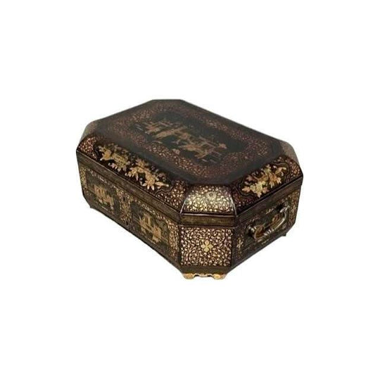 Antique Chinese Lacquer with Gild Decoration Sewing Box.