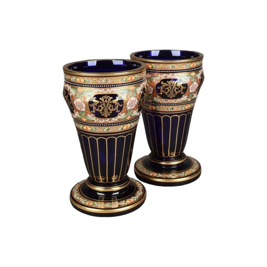 Antique Czech 19th century Pair of blue glass gilt and enamelled Moser Vases