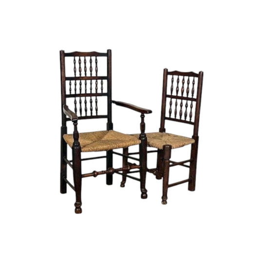 Antique English George III Oak Lancashire Spindle Back set of 8 Chairs / Farmhouse Chairs / Rustic Chairs