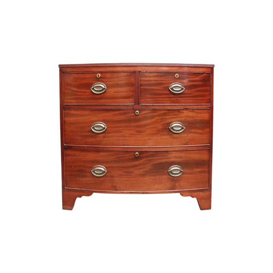 Antique English Georgian 1940s Bow Front Chest – 4 Drawers – Brass Handles. B12564