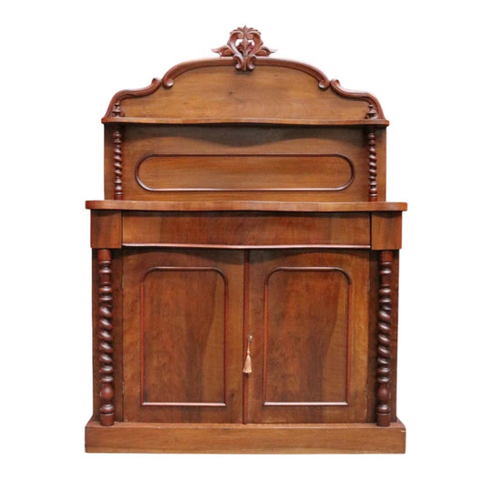 Antique English Mahogany 2 Door Barley Twist Columns Arched Panels with Carved backboard B13014