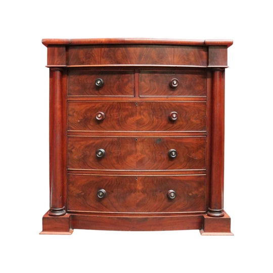 Victorian English Mahogany and Flame Mahogany Serpentine Chest of Drawers with Secret Drawer and Mother-of-Pearl Handles, c.1880